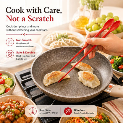 12-Inch Long Silicone Cooking Chopsticks with Spoon & Band, Stainless Steel Core, Non-Slip Non-Scratch Kitchen Utensil for Deep Frying, Tempura, Hot Pot, Ramen, Made in Korea ( Pink )