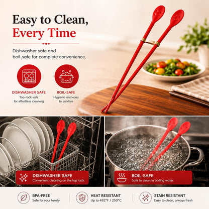 12-Inch Long Silicone Cooking Chopsticks with Spoon & Band, Stainless Steel Core, Non-Slip Non-Scratch Kitchen Utensil for Deep Frying, Tempura, Hot Pot, Ramen, Made in Korea ( Pink )