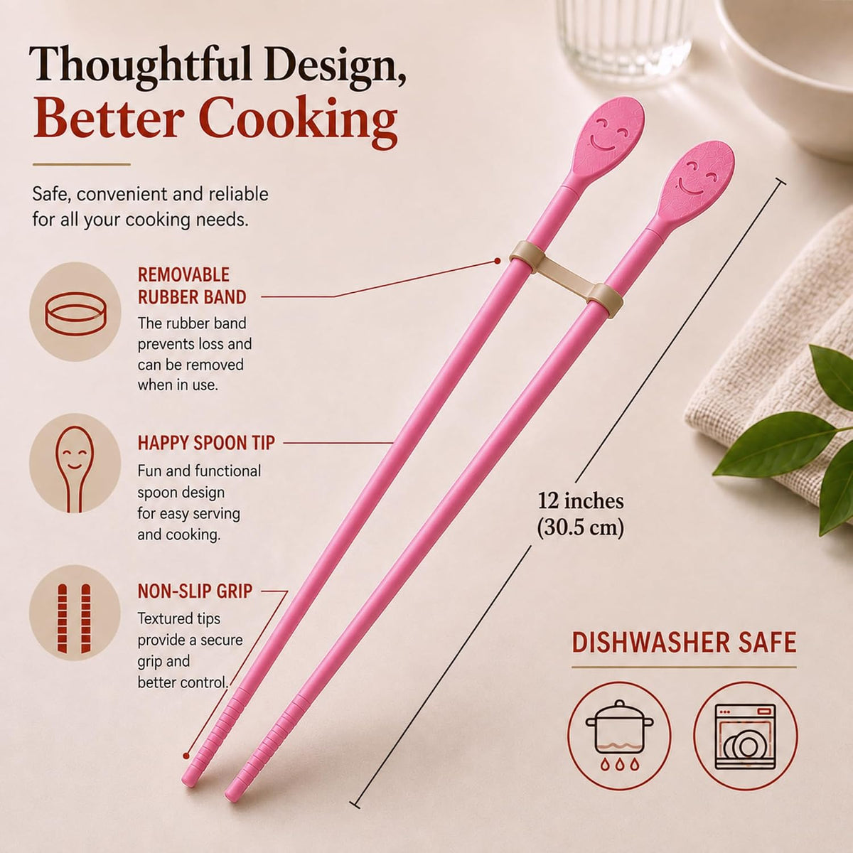 12-Inch Long Silicone Cooking Chopsticks with Spoon & Band, Stainless Steel Core, Non-Slip Non-Scratch Kitchen Utensil for Deep Frying, Tempura, Hot Pot, Ramen, Made in Korea ( Pink )