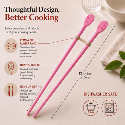 12-Inch Long Silicone Cooking Chopsticks with Spoon & Band, Stainless Steel Core, Non-Slip Non-Scratch Kitchen Utensil for Deep Frying, Tempura, Hot Pot, Ramen, Made in Korea ( Pink )