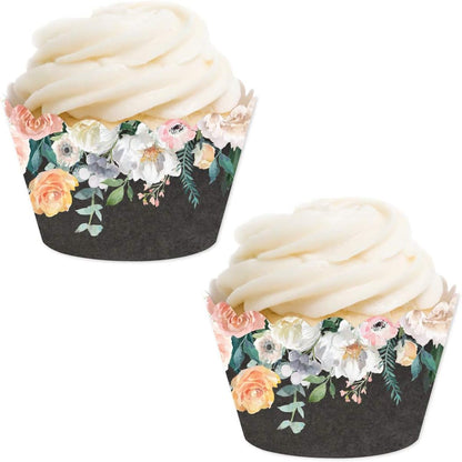Party Cupcake Wrapper Decorations, Peach Coral Floral Flowers Roses on Chalkboard, 24-Pack, For Girls 1st Birthday Baby Bridal Shower Tea Party Themed Decorations