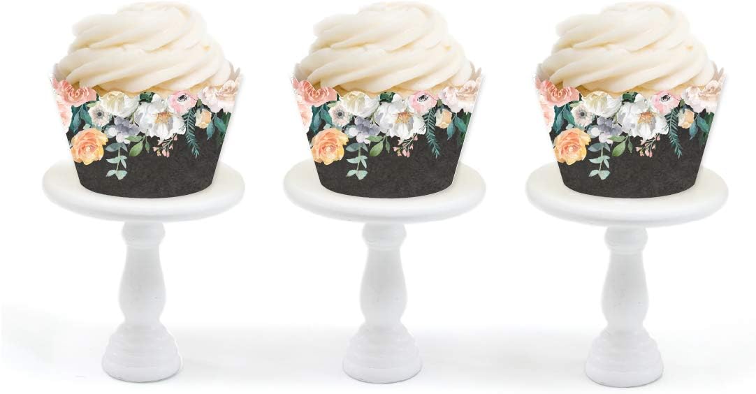 Party Cupcake Wrapper Decorations, Peach Coral Floral Flowers Roses on Chalkboard, 24-Pack, For Girls 1st Birthday Baby Bridal Shower Tea Party Themed Decorations