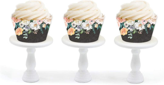 Party Cupcake Wrapper Decorations, Peach Coral Floral Flowers Roses on Chalkboard, 24-Pack, For Girls 1st Birthday Baby Bridal Shower Tea Party Themed Decorations
