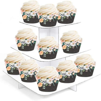 Party Cupcake Wrapper Decorations, Peach Coral Floral Flowers Roses on Chalkboard, 24-Pack, For Girls 1st Birthday Baby Bridal Shower Tea Party Themed Decorations