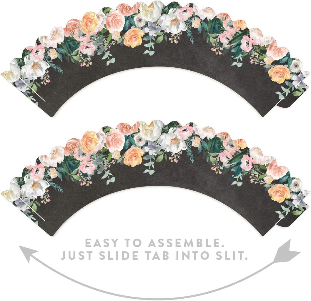 Party Cupcake Wrapper Decorations, Peach Coral Floral Flowers Roses on Chalkboard, 24-Pack, For Girls 1st Birthday Baby Bridal Shower Tea Party Themed Decorations