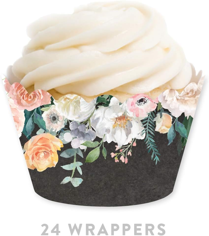Party Cupcake Wrapper Decorations, Peach Coral Floral Flowers Roses on Chalkboard, 24-Pack, For Girls 1st Birthday Baby Bridal Shower Tea Party Themed Decorations