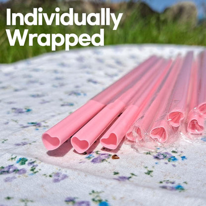 Cute Heart Shaped Pink Straws Disposable Plastic 100 Count