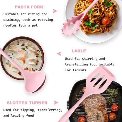 Silicone Kitchen Utensils Set - 15 Pieces Non Toxic Silicone Utensils Set For Cooking，428°F Heat Resistant Food Grade Kitchen Tools，Dishwasher Safe (Pink, 15 Piece Set)