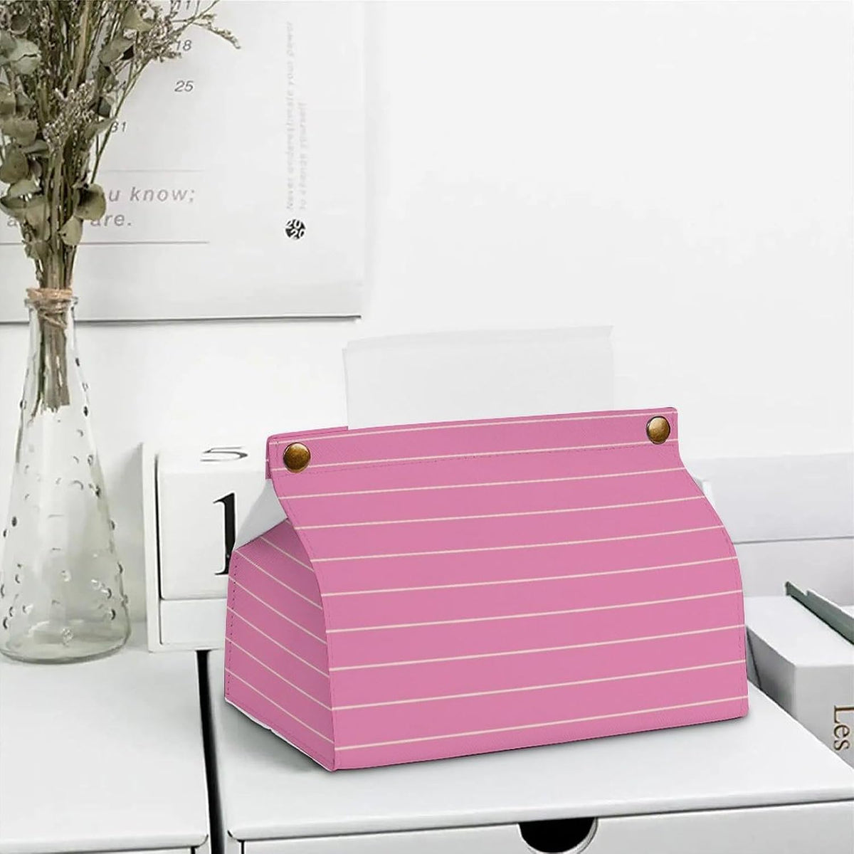 Pink Stripes Geometric Pattern Tissue Box Cover PU Leather Facial Tissue Dispenser Box for Office Car & Bathroom