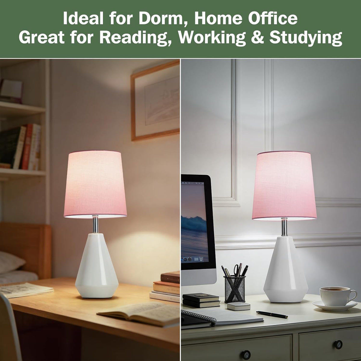 Small Bedside Table Lamp for Bedroom - Reading Desk Lamp with 3 Color Temperatures，15.5" Nightstand Ceramic Lamp with Fabric Shade for Kids Room,Living Room,Dorm,Home Office (White+Pink