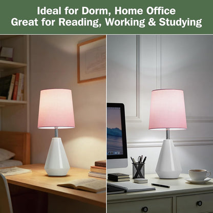 Small Bedside Table Lamp for Bedroom - Reading Desk Lamp with 3 Color Temperatures，15.5" Nightstand Ceramic Lamp with Fabric Shade for Kids Room,Living Room,Dorm,Home Office (White+Pink