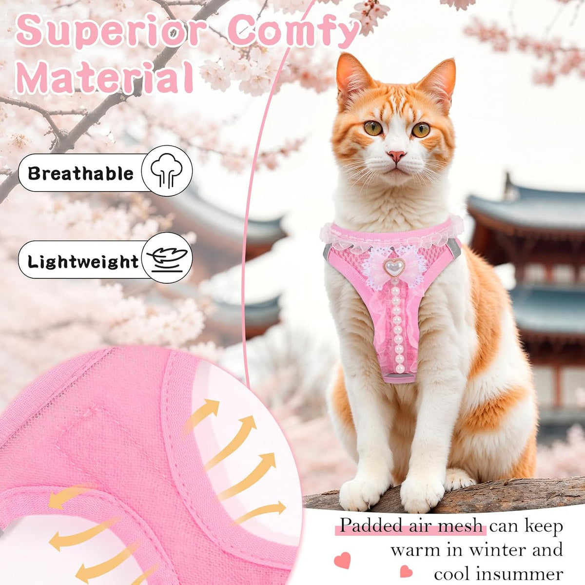 Cat Harness and Leash Set Escape Proof Walk Harness for Cats Pink XS