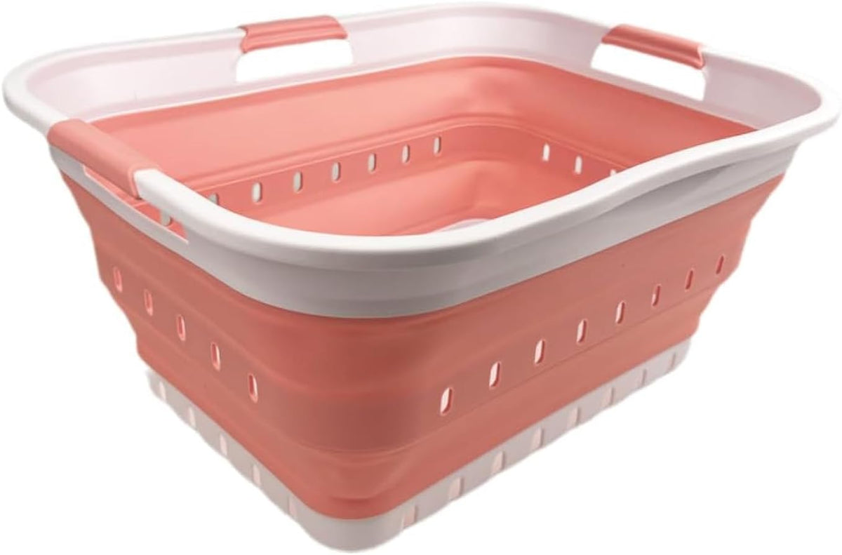 42L (11 gallon) Collapsible Plastic Laundry Basket - Foldable Pop Up Storage Container/Organizer - Space Saving Hamper/Basket (1, White/Quartz Pink)
