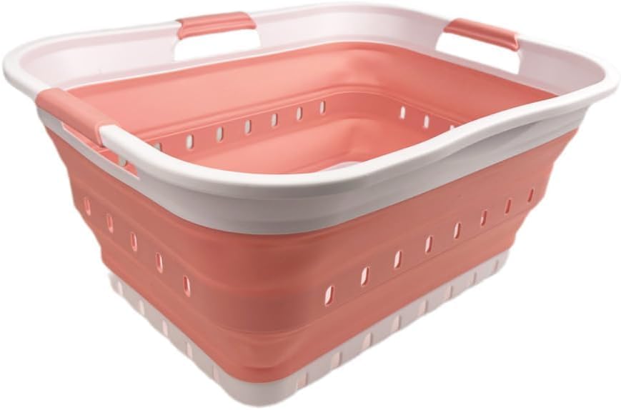 42L (11 gallon) Collapsible Plastic Laundry Basket - Foldable Pop Up Storage Container/Organizer - Space Saving Hamper/Basket (1, White/Quartz Pink)