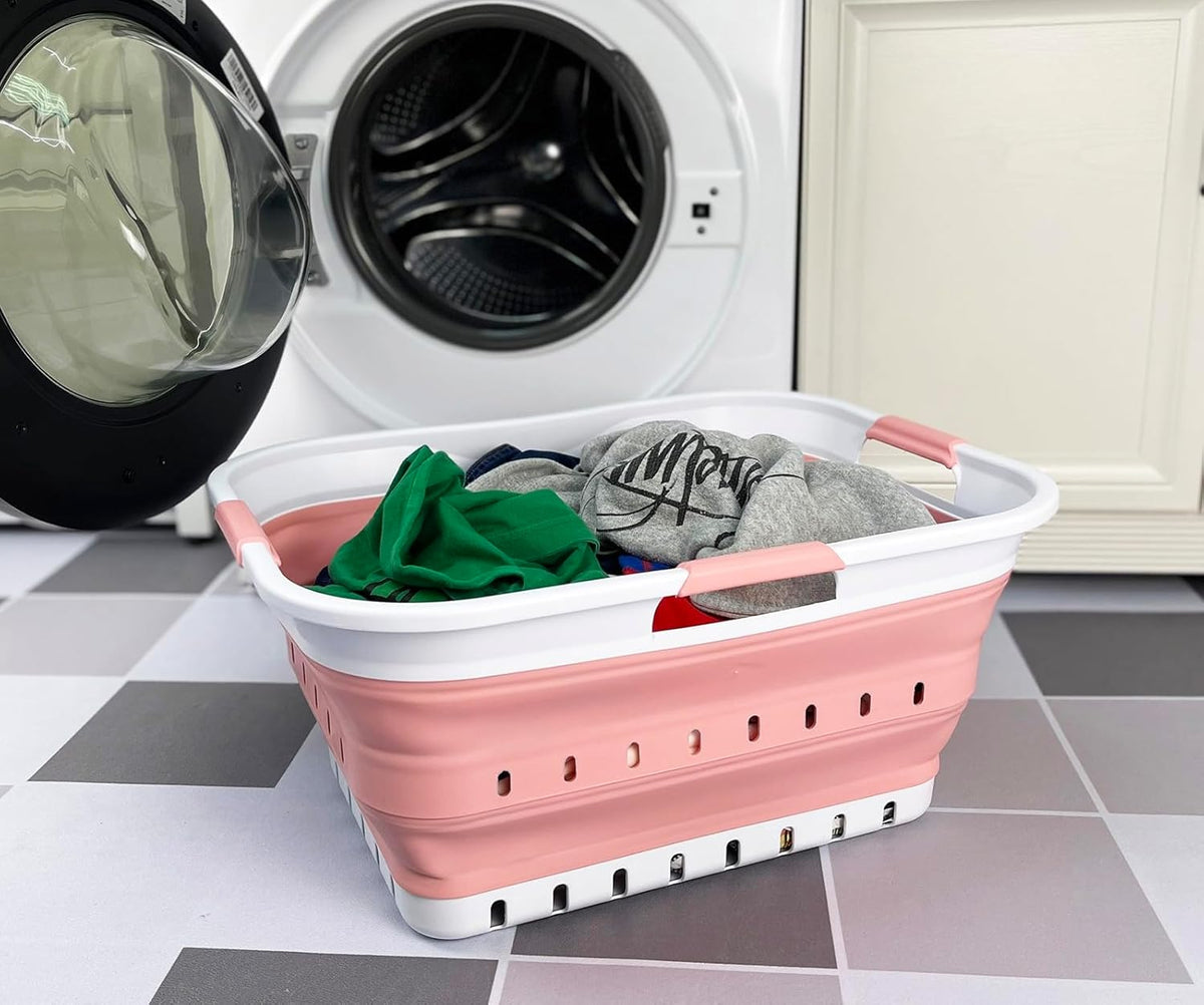 42L (11 gallon) Collapsible Plastic Laundry Basket - Foldable Pop Up Storage Container/Organizer - Space Saving Hamper/Basket (1, White/Quartz Pink)