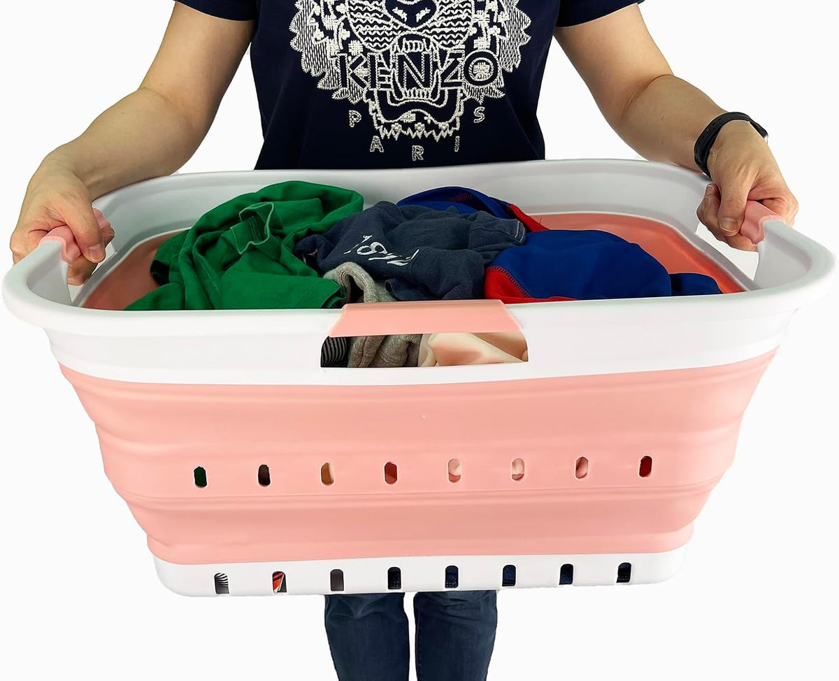 42L (11 gallon) Collapsible Plastic Laundry Basket - Foldable Pop Up Storage Container/Organizer - Space Saving Hamper/Basket (1, White/Quartz Pink)