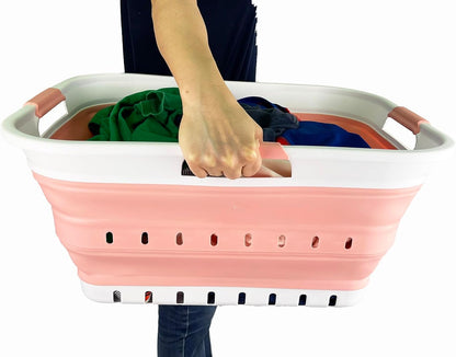 42L (11 gallon) Collapsible Plastic Laundry Basket - Foldable Pop Up Storage Container/Organizer - Space Saving Hamper/Basket (1, White/Quartz Pink)