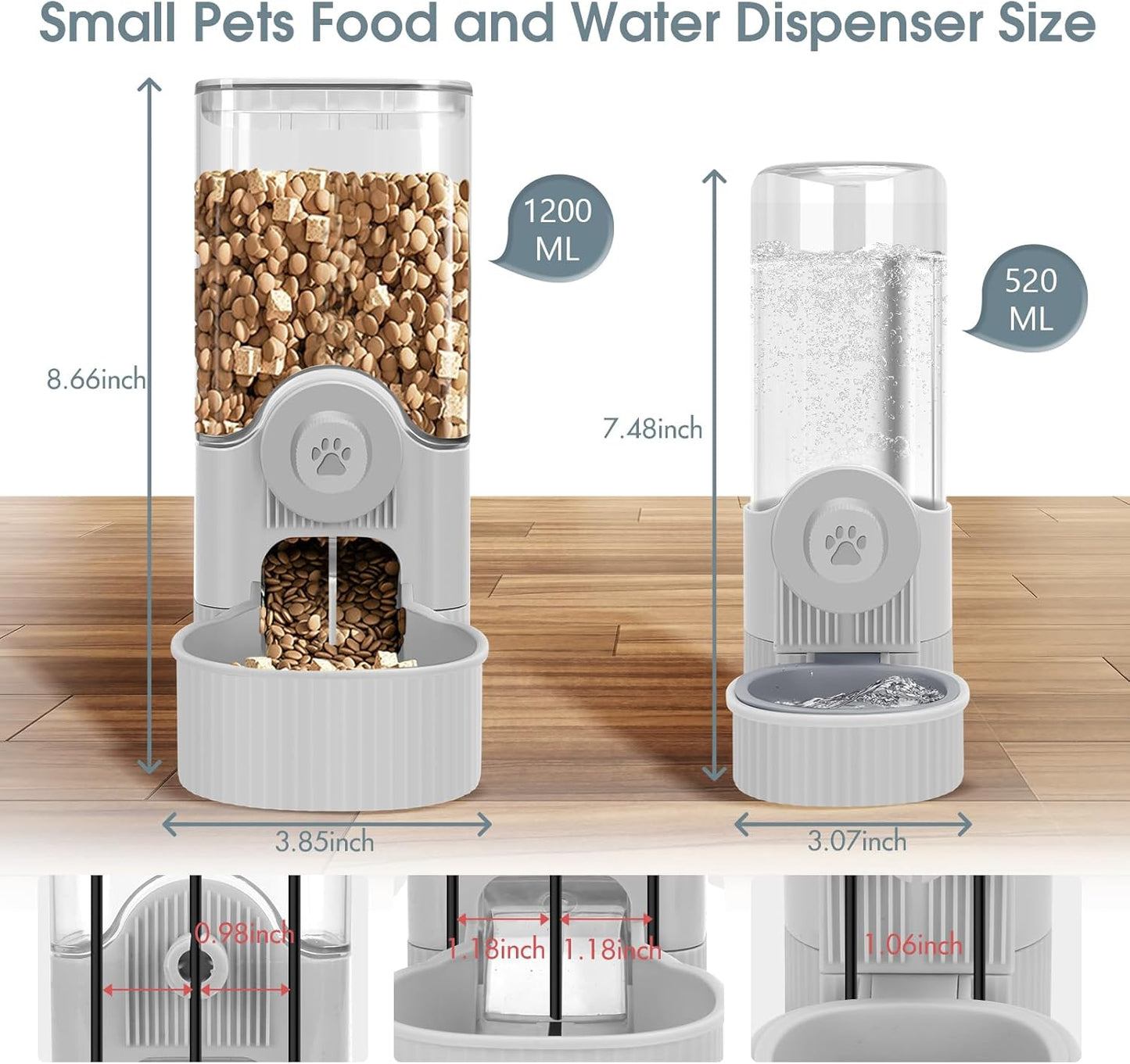 Yummy Sam Hanging Cage Automatic Small Pet Food Bowl Water Bottle Dispenser, Detachable Auto Gravity 1.2L Self-Feeding Feeder and 0.52L Waterer Set Kennel Feeding Station for Puppy Cats Rabbit(Grey)