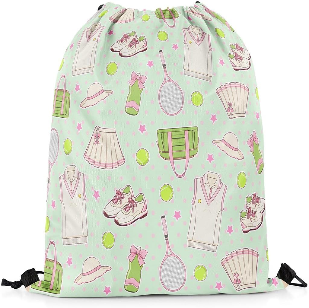 Tennis Drawstring Backpack Mint Green Pink Sackpack for Gym Sports,Tennis Racket Balls Water Resistant String Bag,Preppy Sports,13"X16"