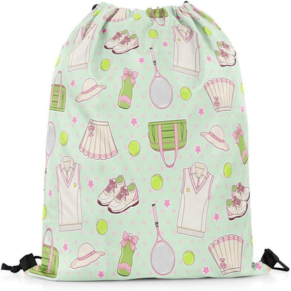 Tennis Drawstring Backpack Mint Green Pink Sackpack for Gym Sports,Tennis Racket Balls Water Resistant String Bag,Preppy Sports,13"X16"