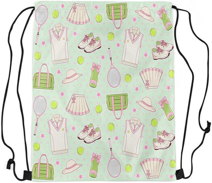 Tennis Drawstring Backpack Mint Green Pink Sackpack for Gym Sports,Tennis Racket Balls Water Resistant String Bag,Preppy Sports,13"X16"
