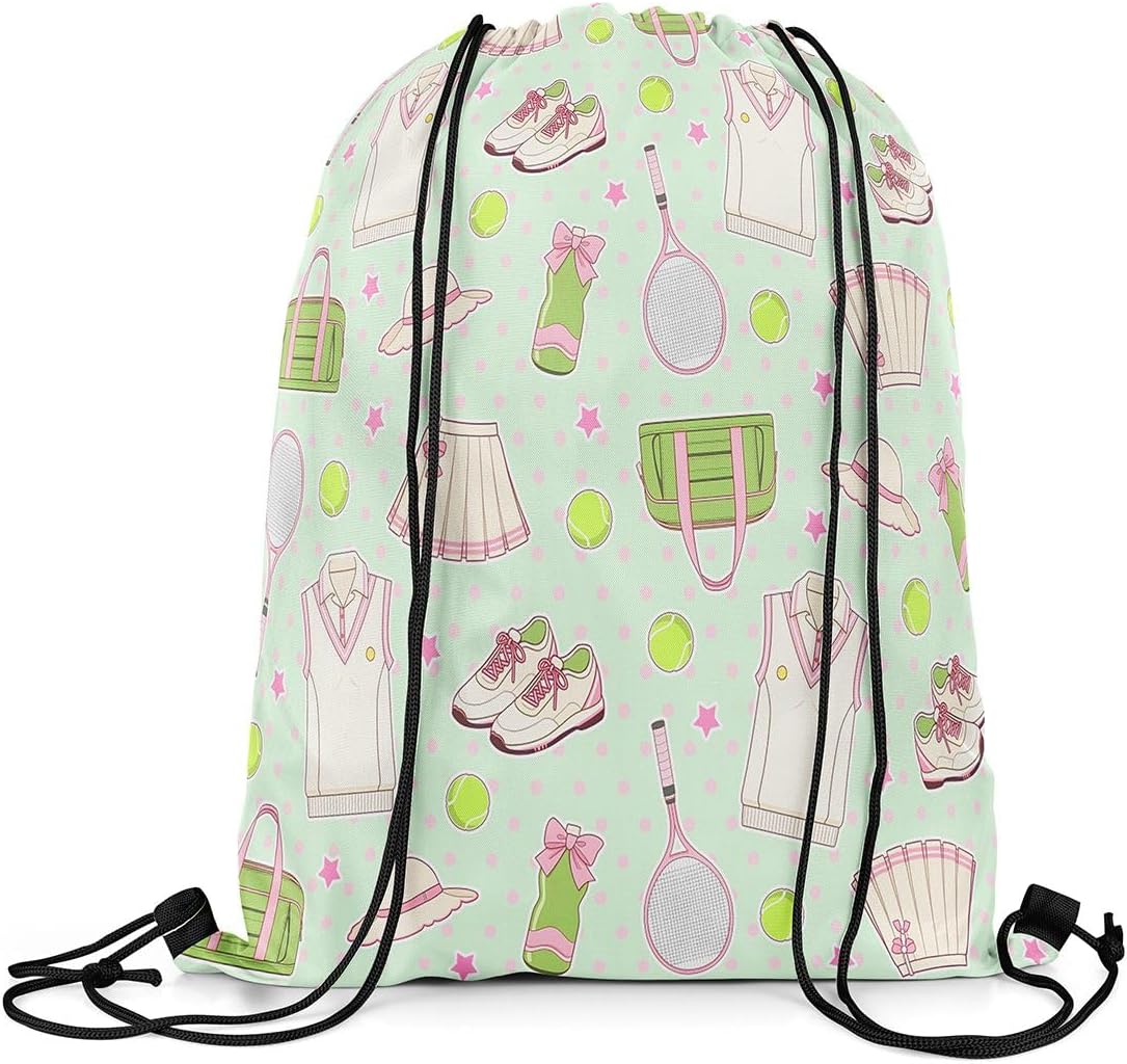 Tennis Drawstring Backpack Mint Green Pink Sackpack for Gym Sports,Tennis Racket Balls Water Resistant String Bag,Preppy Sports,13"X16"