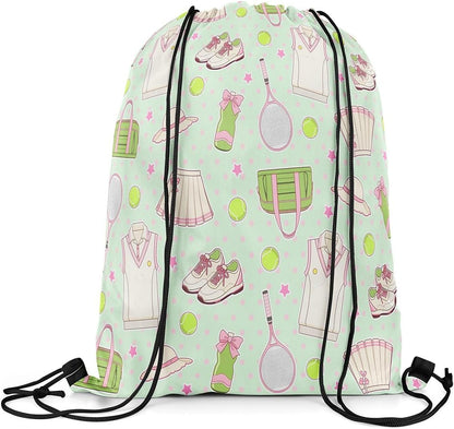 Tennis Drawstring Backpack Mint Green Pink Sackpack for Gym Sports,Tennis Racket Balls Water Resistant String Bag,Preppy Sports,13"X16"