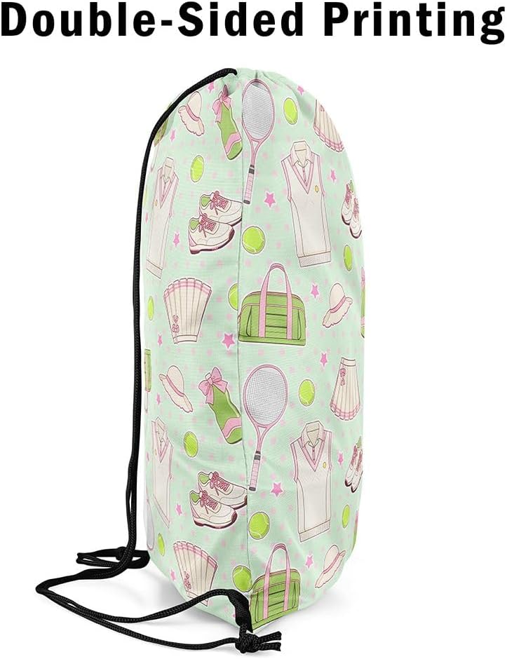 Tennis Drawstring Backpack Mint Green Pink Sackpack for Gym Sports,Tennis Racket Balls Water Resistant String Bag,Preppy Sports,13"X16"