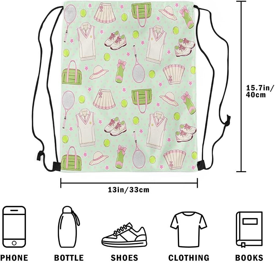 Tennis Drawstring Backpack Mint Green Pink Sackpack for Gym Sports,Tennis Racket Balls Water Resistant String Bag,Preppy Sports,13"X16"