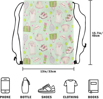 Tennis Drawstring Backpack Mint Green Pink Sackpack for Gym Sports,Tennis Racket Balls Water Resistant String Bag,Preppy Sports,13"X16"