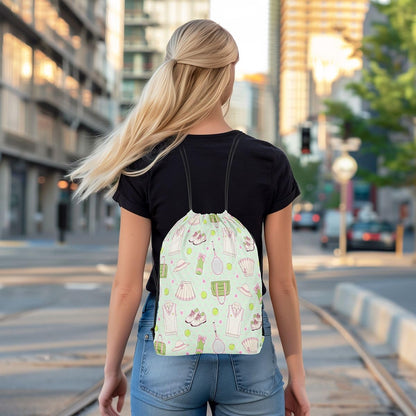 Tennis Drawstring Backpack Mint Green Pink Sackpack for Gym Sports,Tennis Racket Balls Water Resistant String Bag,Preppy Sports,13"X16"