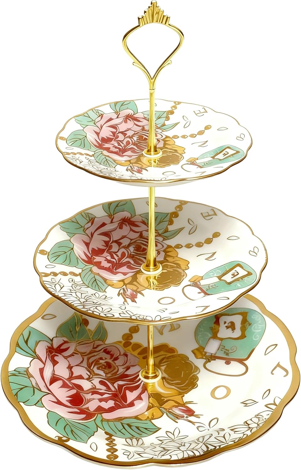 3-Tier 13.5 Inches White and Pink Cupcake Dessert Stands, Cake Snack Scones Crackers Fruit Appetizers Pastry Tiered Platters Serving Tray for Tea Party, Bridal Shower, Wedding Catered Event - Flowers