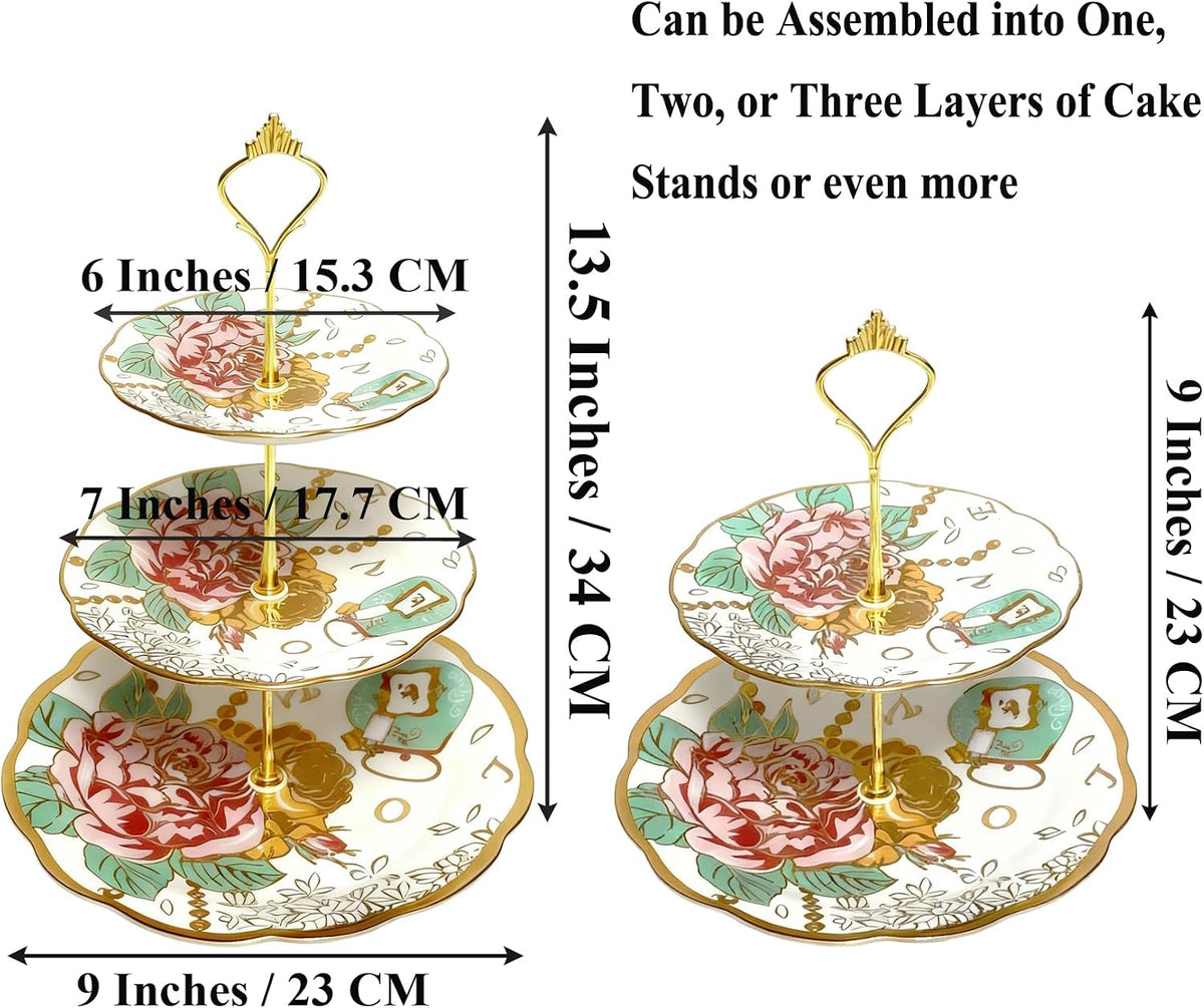 3-Tier 13.5 Inches White and Pink Cupcake Dessert Stands, Cake Snack Scones Crackers Fruit Appetizers Pastry Tiered Platters Serving Tray for Tea Party, Bridal Shower, Wedding Catered Event - Flowers