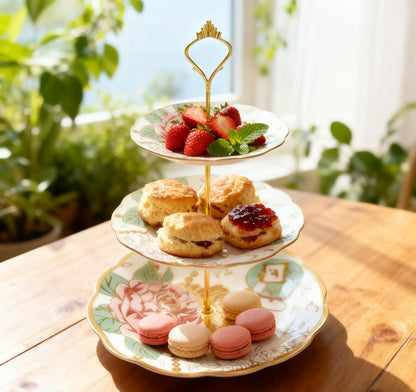 3-Tier 13.5 Inches White and Pink Cupcake Dessert Stands, Cake Snack Scones Crackers Fruit Appetizers Pastry Tiered Platters Serving Tray for Tea Party, Bridal Shower, Wedding Catered Event - Flowers