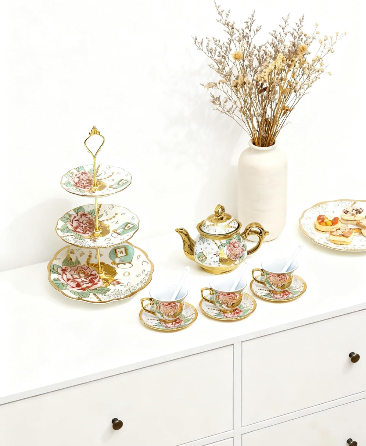 3-Tier 13.5 Inches White and Pink Cupcake Dessert Stands, Cake Snack Scones Crackers Fruit Appetizers Pastry Tiered Platters Serving Tray for Tea Party, Bridal Shower, Wedding Catered Event - Flowers