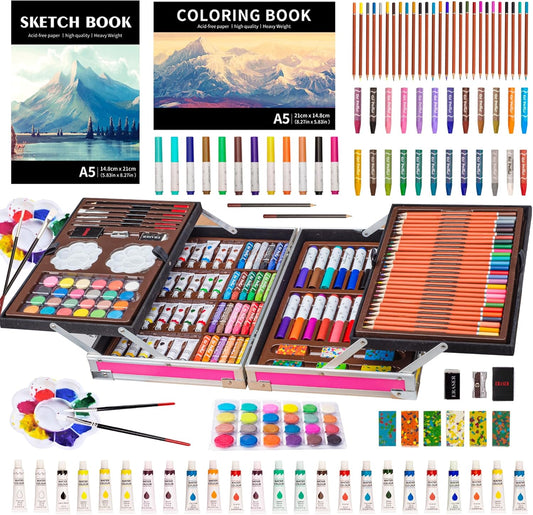 Art Set, 139 Pack Painting Drawing Art Supplies Kit with 2 Sketch Pads, Double Layers Art Crafts, Colored Pencils, Oil Pastels, Watercolor Paints, Aluminum Gift Case for Artists Kids (Pink)