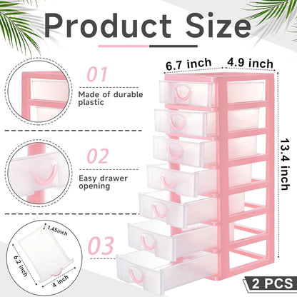 2 Pcs Small Parts Organizer Drawers Stackable 7-drawer Box, Pink