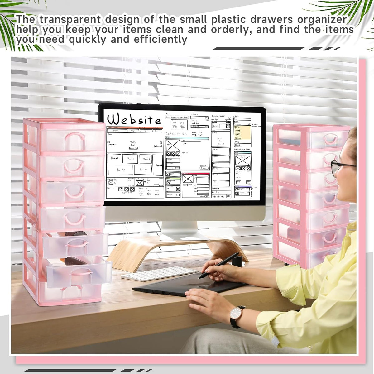 2 Pcs Small Parts Organizer Drawers Stackable 7-drawer Box, Pink