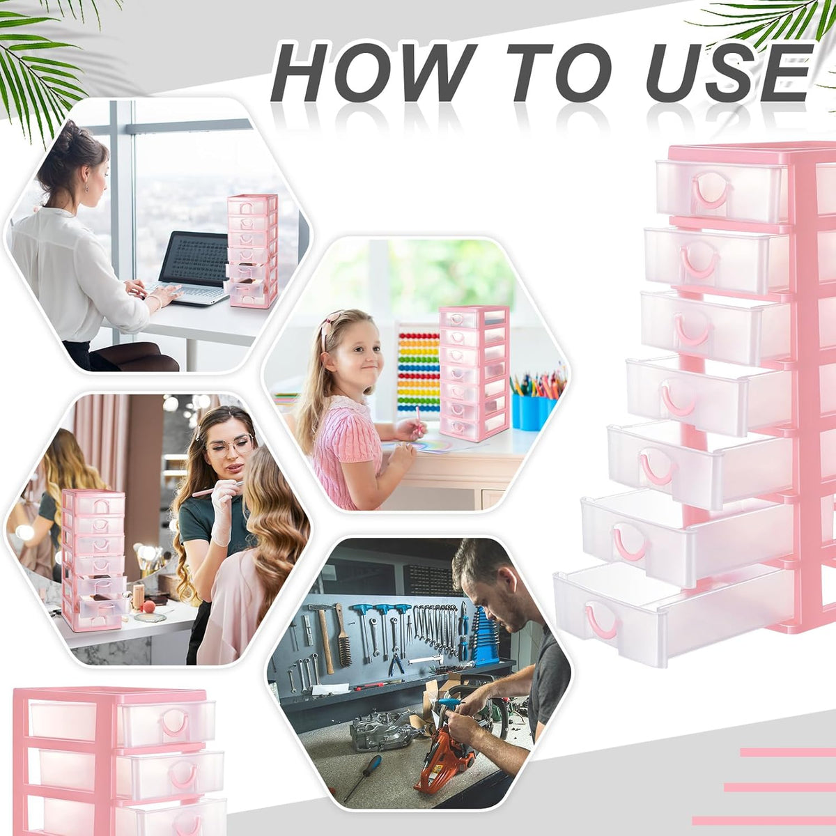 2 Pcs Small Parts Organizer Drawers Stackable 7-drawer Box, Pink