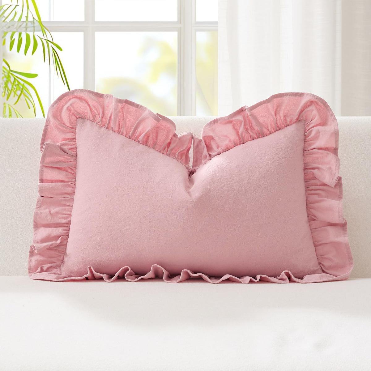 100% Cotton Ruffles 12x20 Inch Lumbar Pillow Cover 1 Pack, Pink