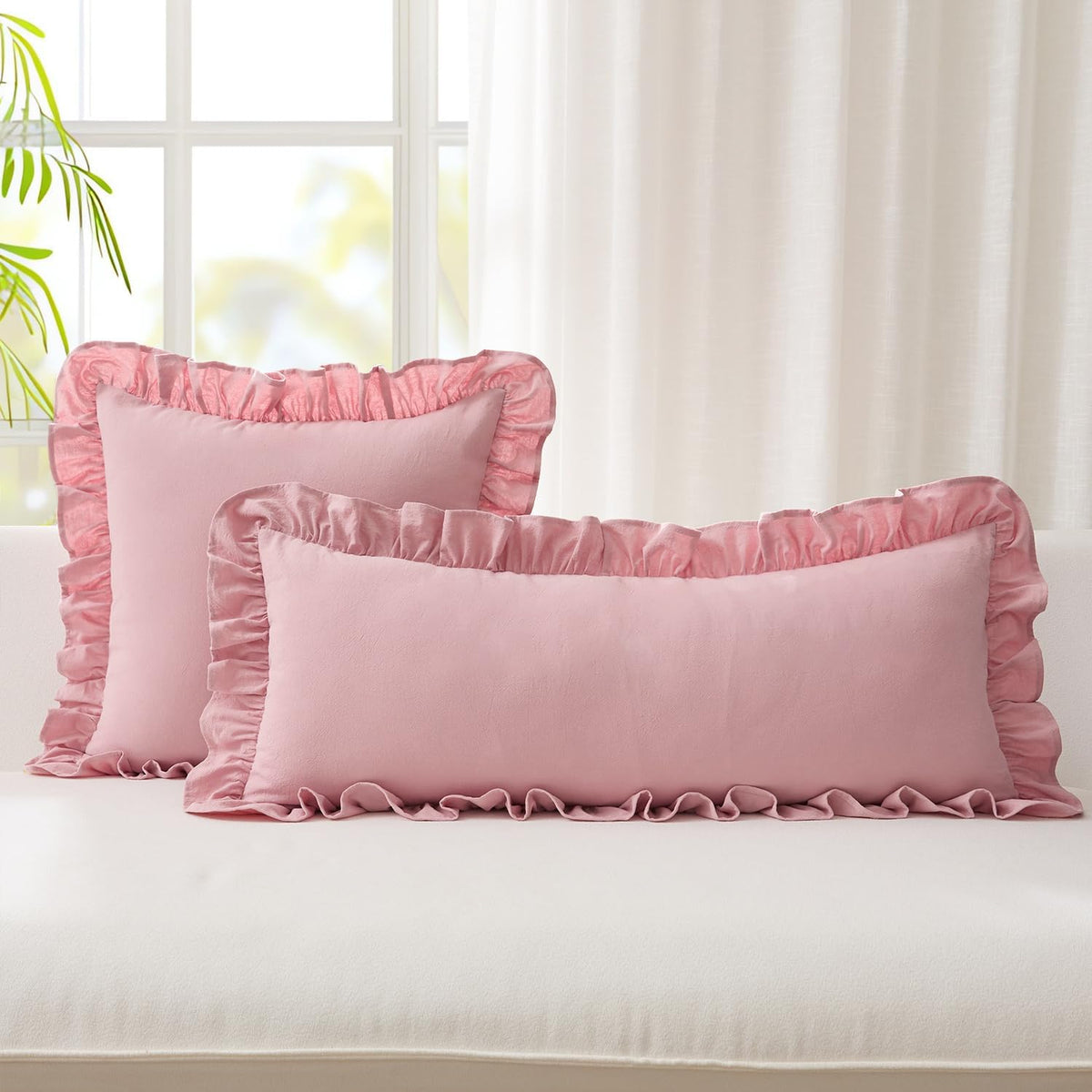 100% Cotton Ruffles 12x20 Inch Lumbar Pillow Cover 1 Pack, Pink