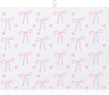 Pink Bow Dish Drying Mat 18" x 24" Coquette Microfiber Drying Mats Preppy Extra Large Absorbent Reusable Kitchen Counter Draining Mat for Kitchen Coffee Bar Decor