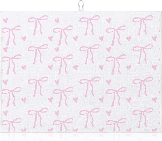 Pink Bow Dish Drying Mat 18" x 24" Coquette Microfiber Drying Mats Preppy Extra Large Absorbent Reusable Kitchen Counter Draining Mat for Kitchen Coffee Bar Decor