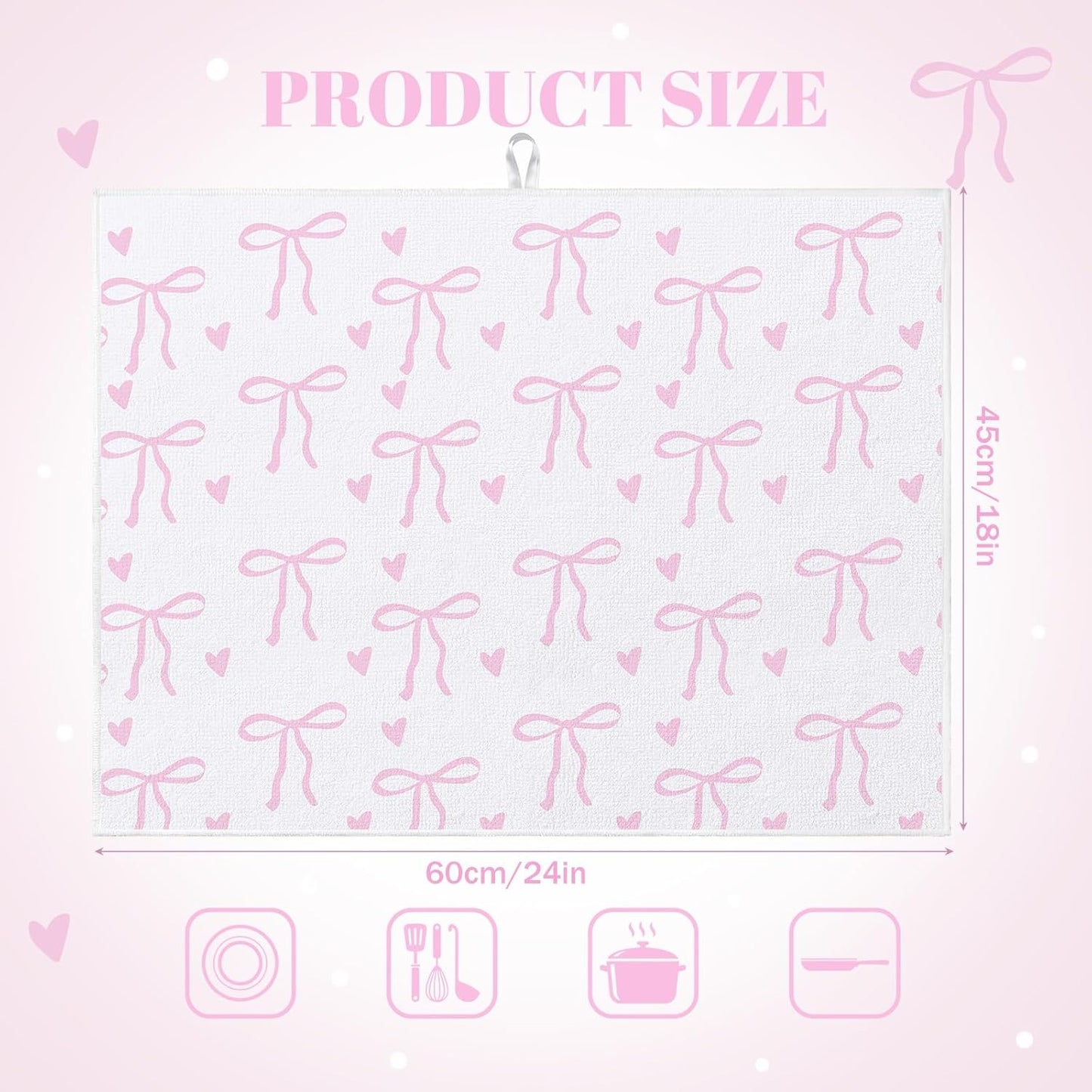 Pink Bow Dish Drying Mat 18" x 24" Coquette Microfiber Drying Mats Preppy Extra Large Absorbent Reusable Kitchen Counter Draining Mat for Kitchen Coffee Bar Decor