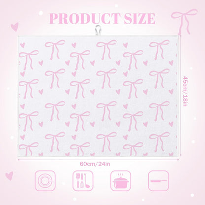 Pink Bow Dish Drying Mat 18" x 24" Coquette Microfiber Drying Mats Preppy Extra Large Absorbent Reusable Kitchen Counter Draining Mat for Kitchen Coffee Bar Decor
