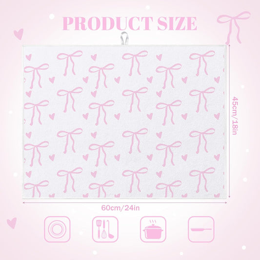 Pink Bow Dish Drying Mat 18" x 24" Coquette Microfiber Drying Mats Preppy Extra Large Absorbent Reusable Kitchen Counter Draining Mat for Kitchen Coffee Bar Decor