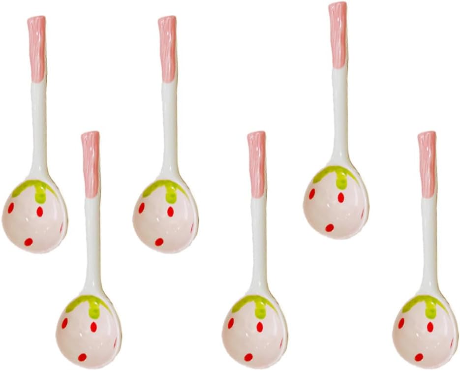 (6 Pieces) Pink Ceramic Spoon Cute Cartoon 6.5 Inch Strawberry Long Handle Home Dessert Coffee (Pink)