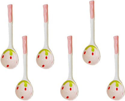(6 Pieces) Pink Ceramic Spoon Cute Cartoon 6.5 Inch Strawberry Long Handle Home Dessert Coffee (Pink)