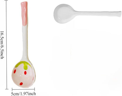 (6 Pieces) Pink Ceramic Spoon Cute Cartoon 6.5 Inch Strawberry Long Handle Home Dessert Coffee (Pink)