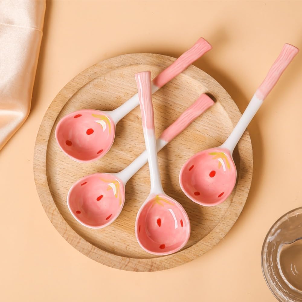 (6 Pieces) Pink Ceramic Spoon Cute Cartoon 6.5 Inch Strawberry Long Handle Home Dessert Coffee (Pink)